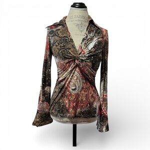 Vintage Cartise Twist-Front Paisley Long-Sleeve Blouse Red Brown Gold White L